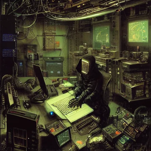 Prompt: portrait of a cyberpunk hacker surrounded by computers and machines, wires, data, by brian froud gustave dore albrecht durer hieronymus bosch craig mullins ashley wood