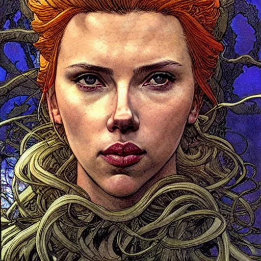 Image similar to a realistic, very beautiful and atmospheric portrait of scarlett johansson as a druidic warrior wizard looking at the camera with an intelligent gaze by rebecca guay, michael kaluta, charles vess and jean moebius giraud