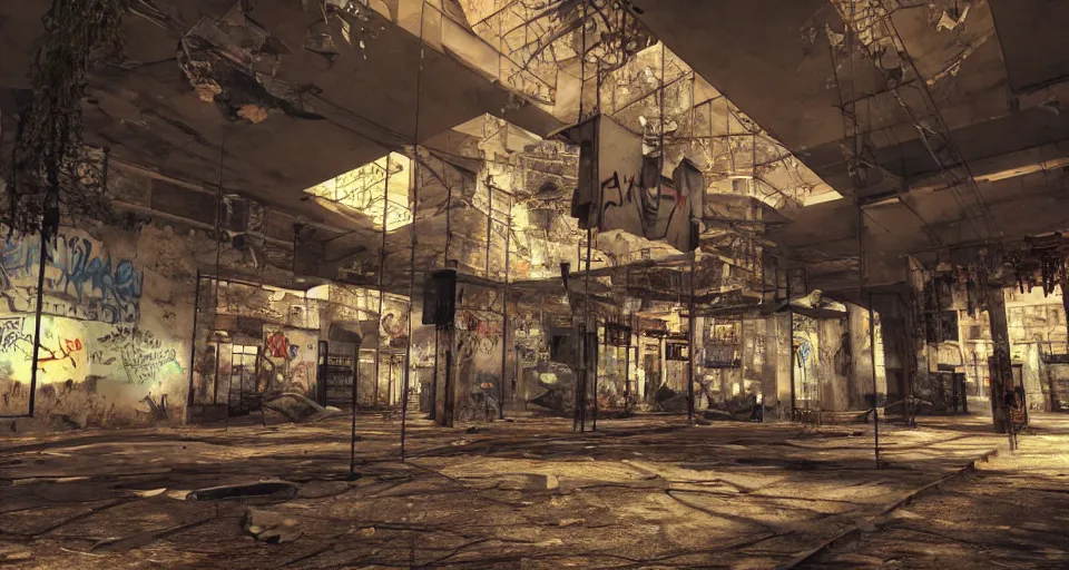 Image similar to photo realistic!! a rundown mall interior with hanging wires and graffiti, very detailed, dramatic lighting, various rubble is on the ground, slightly smokey, artstation, unreal engine