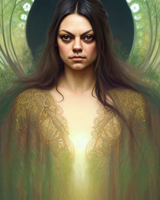 Image similar to symmetry portrait of mila kunis princess, forest background, intricate, elegant, highly detailed, digital painting, artstation, concept art, smooth, sharp focus, illustration, art by artgerm and greg rutkowski and fra angelico and alphons mucha