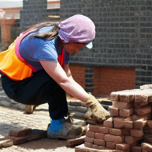 Prompt: a female bricklayer laying bricks