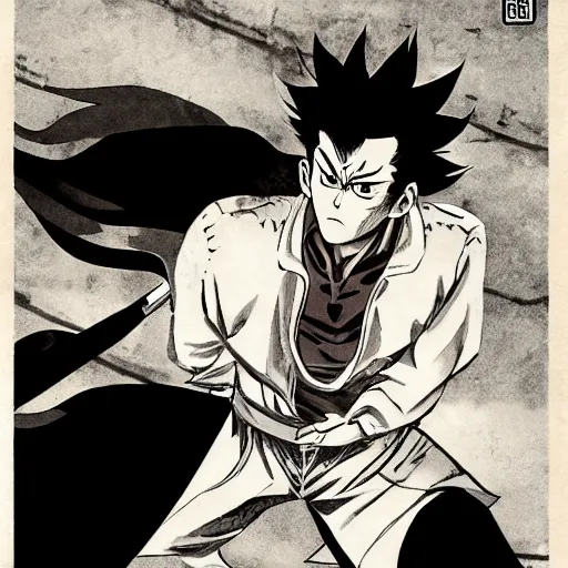 Image similar to young adult, angry, pompadour hair, art by tetsuo hara, yusuke murata, jotaro kujo, japanese delinquent, metal bat, kuwabara hairstyle, akira kongou, banchou, action pose, action scene, manga issue, comic book cover