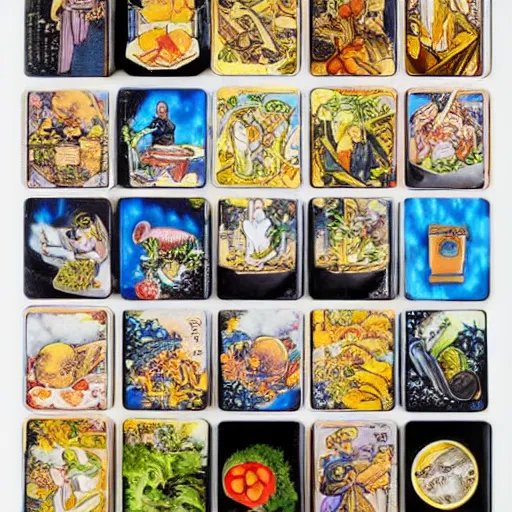 Image similar to bento box organised in the style of a tarot card, beautiful realistic photograph