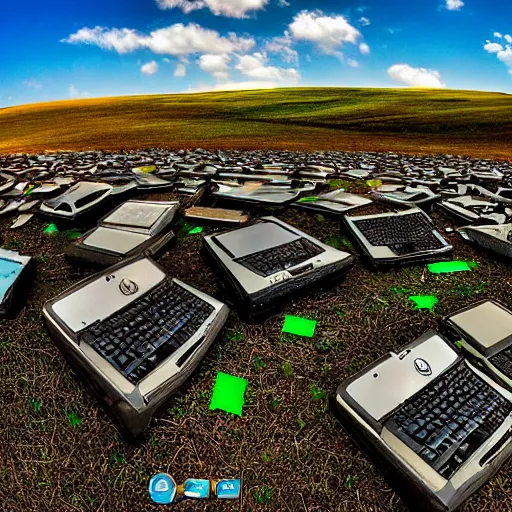 Prompt: windows xp bliss screensaver with many broken dilapidated old computers graveyard, wide angle lens