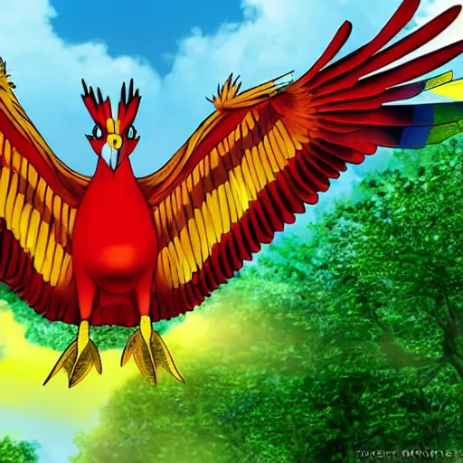 Image similar to ho - oh photorealistic flying over a rainbow