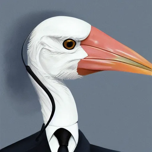 Prompt: portrait of a stork in a suit wearing headphones, high-quality digital art trending on Artstation