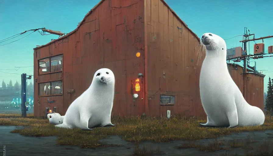 Prompt: an intricate oil painting of a giant cute white furry baby seal with by simon stalenhag