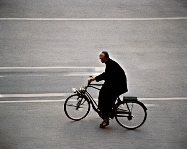 Image similar to a lomographic photo of a priest on bicycle, year 1 9 7 0, cinestill, bokeh, perfect light, high details, symetry, perfect high quality