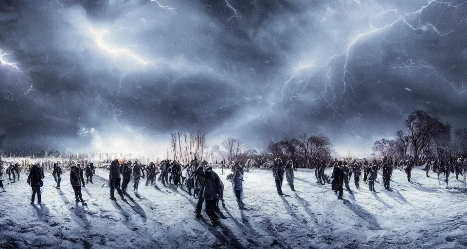 Image similar to slipknot concert, snowy, windy, by eugene von guerard, ivan shishkin, night, lightning!!, storm!, dramatic lighting, concept art, trending on artstation, 8 k