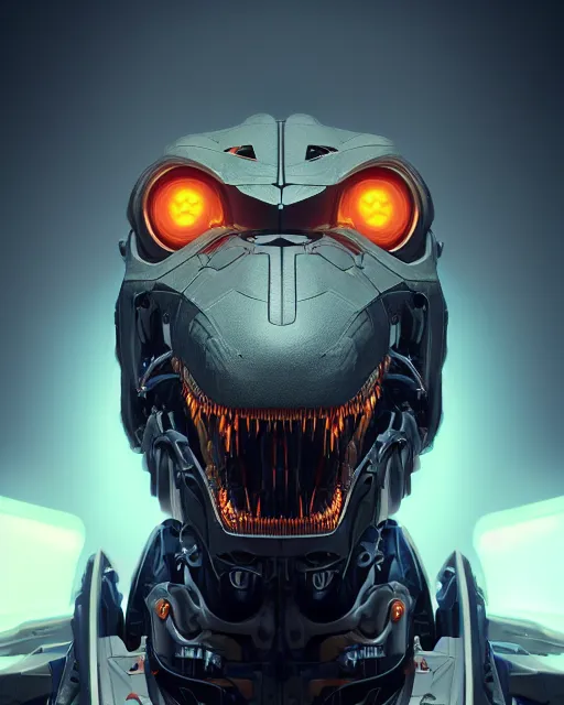 Image similar to mecha male t rex portrait, cyborg, intricate mechanical body, robot eyes, hyper realistic 3 d render by ilya kuvshinov, peter mohrbacher, greg rutkowski, ryohei hase, dramatic lighting, intricate, highly detailed, sharp focus, luminous, unreal engine, blender, artstation, masterpiece, ray tracing