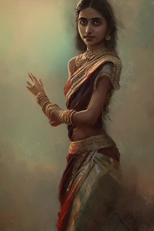 Prompt: beautiful young Indian woman in a dress, full body photo, intricate, elegant, volumetric lighting, scenery, digital painting, highly detailed, artstation, sharp focus, illustration, concept art, ruan jia, steve mccurry and Irakli Nadar