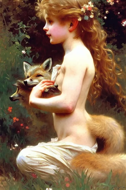 Prompt: a seven - year old with curly dirty blonde hair playing with foxes, painting by daniel gerhartz, alphonse mucha, bouguereau, detailed art, artstation