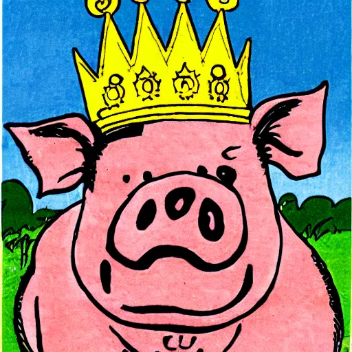 Prompt: detailed sketches of a pig wearing a gold crown by Bill Watterson drawn like saturday morning cartoons