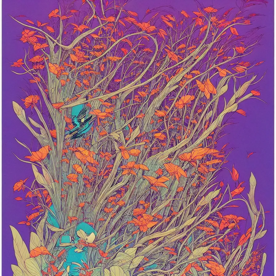 Image similar to ( ( ( beautiful strange forest and flowers and birds ) ) ) by mœbius!!!!!!!!!!!!!!!!!!!!!!!!!!!, overdetailed art, colorful, record jacket, cover art design, decorative frame