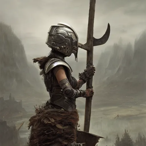 Image similar to an woman wearing metal scrap armor and an helmet holding an axe, Matte painting , detailed painting, made by Greg Rutkowski, 4k, atmospheric