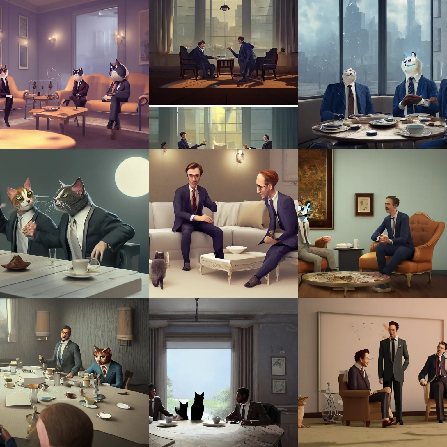 Prompt: cats in suits talking about the weather during the tea time at the living room, 3d scene, render, ultra realistic, zenith view, Greg Rutkowski, artstation, cgsociety, level design, unreal engine, 3d scene, render, ultra realistic, Enki Bilal style