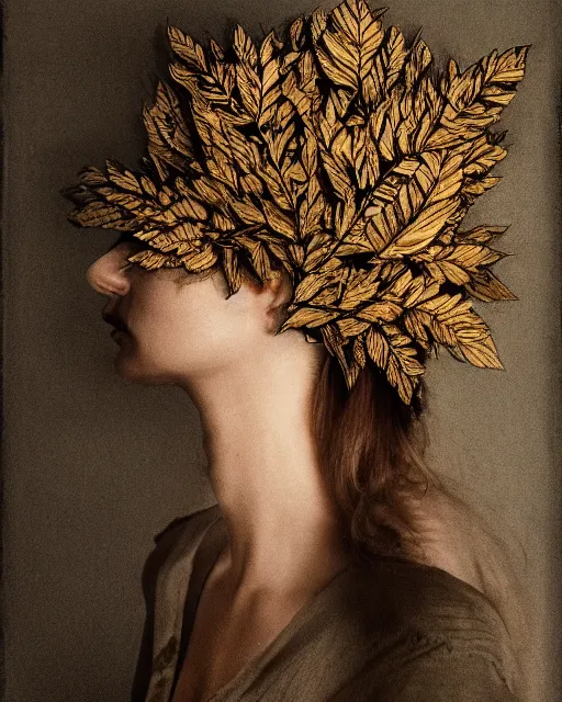 Image similar to a woman's face in profile, wearing a vintage motorcycle helmet made of intricate delicate leaf skeleton, in the style of the dutch masters and gregory crewdson, dark and moody