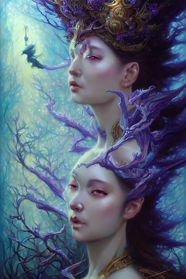 Image similar to ultra detailed photo realistic portrait painting of the empress of the enchanted purple forest, volumetric lighting, by karol bak, greg rutkowski, peter mohrbacher and miho hirano, film poster