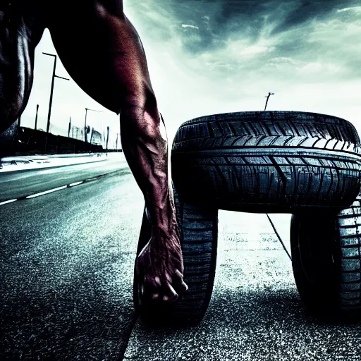 Image similar to car, bodybuilder, woman, holding, road, photo, digital art, hands, underbody, tire, standing