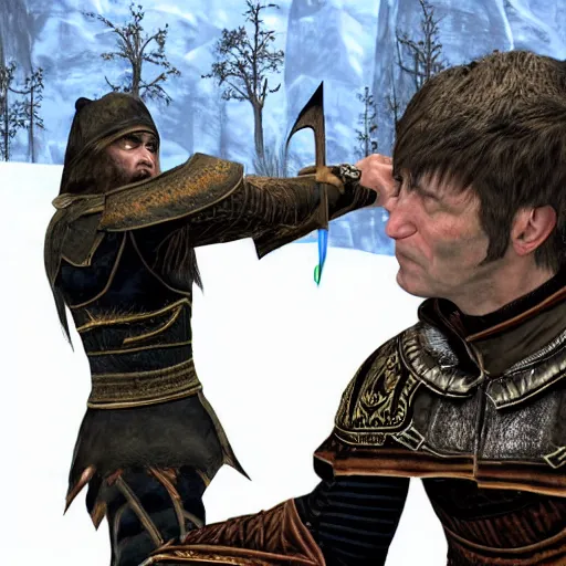 Prompt: a skyrim guard taking an arrow to the knee