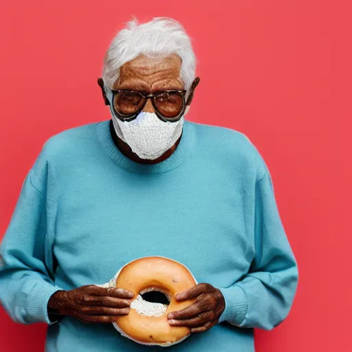 Image similar to an elderly man wearing a mask made from a doughnut, bold natural colors, national geographic photography, masterpiece, 8 k, raw, unedited, symmetrical balance