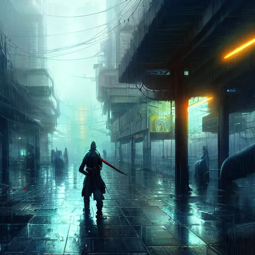 Image similar to an exhausted warrior wandering through a lost cyberpunk city from left to right, rainy day, radiant light, digital painting, art station, cell shaded, by les edwards, by greg rutkowski