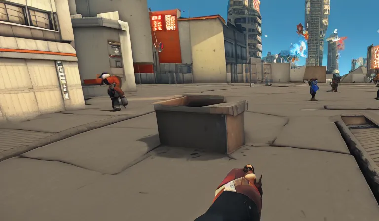 Image similar to Team Fortress 2 by Tadanori Yokoo, PC game, source engine, gameplay screenshot, first-person pov