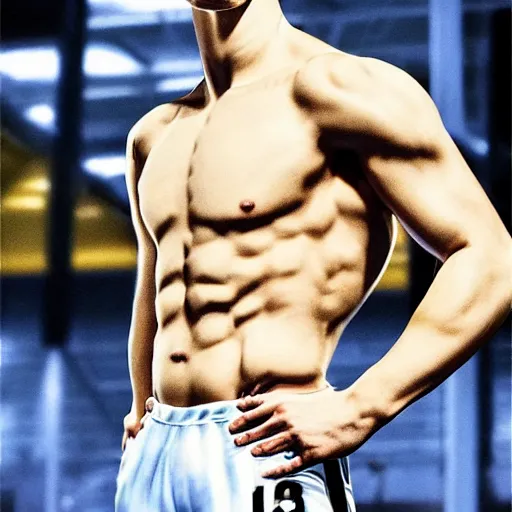 Image similar to a realistic detailed photo of a guy who is an attractive humanoid who is half robot and half humanoid, who is a male android, soccer players martin ødegaardtimo werner, shiny skin, posing like a statue, blank stare, in a factory, on display, showing off his muscles, gold soccer shorts, side view, looking at each other mindlessly