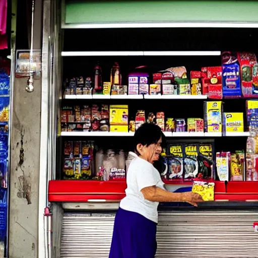 Image similar to a middle - aged woman working at an old convenience store in singapore, award - winning photography