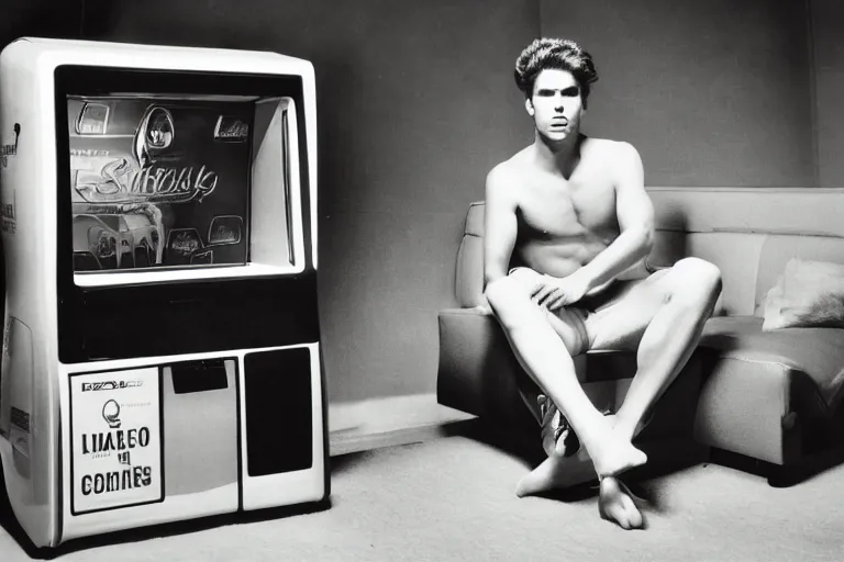 Image similar to an extremely realistic life-sized slushie machine made of porcelain, handsome male model sitting on a gray couch, from 1985, bathed in the glow of a television, low-light photograph