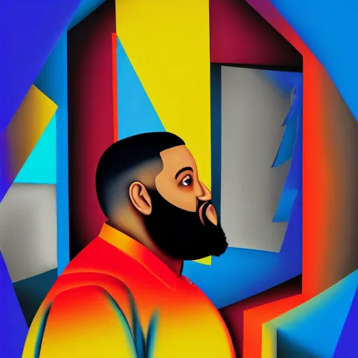 Image similar to ultra realistic portrait of dj khaled in a studio, ultra detailed, under blue, red and yellow cinematic lighting, salvador dali, cartoon, monument valley, escher