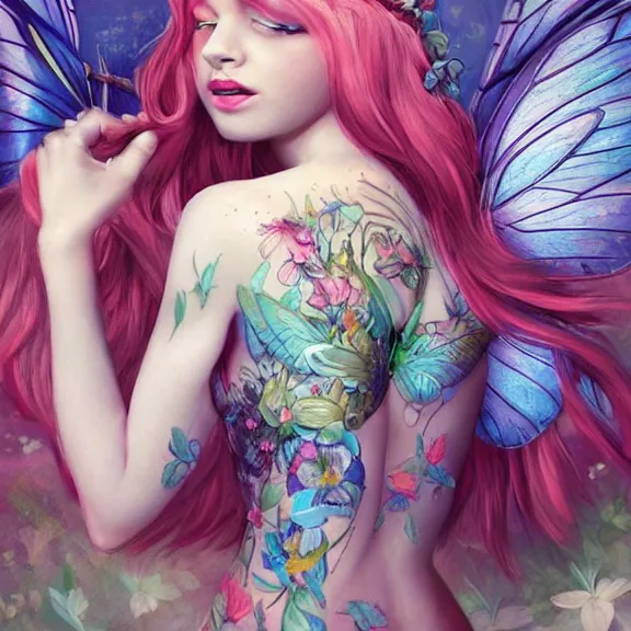 Prompt: Gorgeous Fairy in a three quarters pose in a lake, body covered floral tattoos, vibrant big opened butterfly wings on her back, D&D, fantasy, highly detailed, digital art, trending on artstation, smooth, sharp focus, illustration, art by Peter Tang and artgem