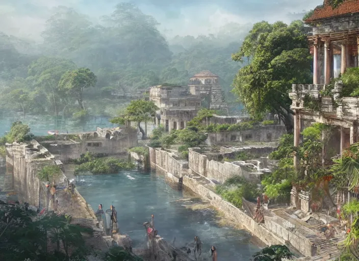 Image similar to Tyrona, Bustling coastal walled ancient city with Roman and Southeast Asian architecture surrounded by lush tropical jungle, anime, lush trees, fountain, a fantasy digital painting by Greg Rutkowski and James Gurney, trending on Artstation, highly detailed