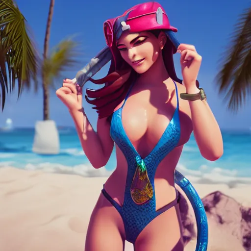 Image similar to beautiful render of pool party Caitlyn (league of legends) in hawaii beach, centered, uncropped, 3d, octane render, realistic, highly detailed, Disney