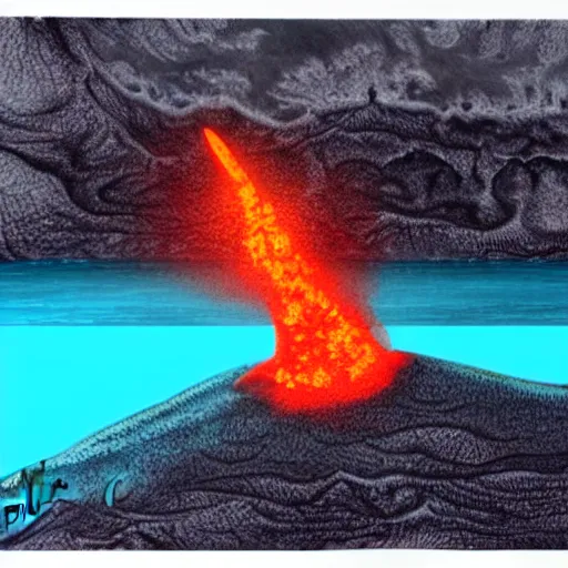 Prompt: a realistic lava lake with a shark with lasers attached to its head swims