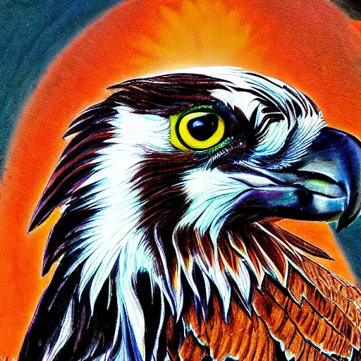 Prompt: extremely detailed cartoon osprey looking directly into camera psychedelic