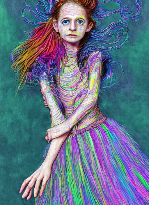 Image similar to surrealism psychedelic full body portrait sketch of thomasin mckenzie as delirium of the endless in fishnet top and rainbow tutu skirt from the sandman, floating goldfish, green and blue eye heterochromia by alex ross, josh kirby, detailed, elegant, intricate