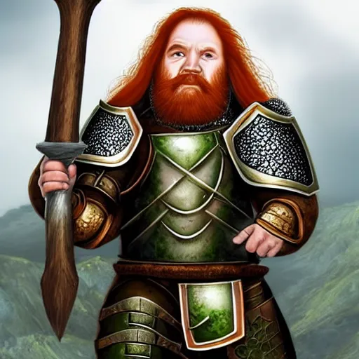 Image similar to dwarven woman, ginger hair, green eyes, holding hammer and shield with plate armour