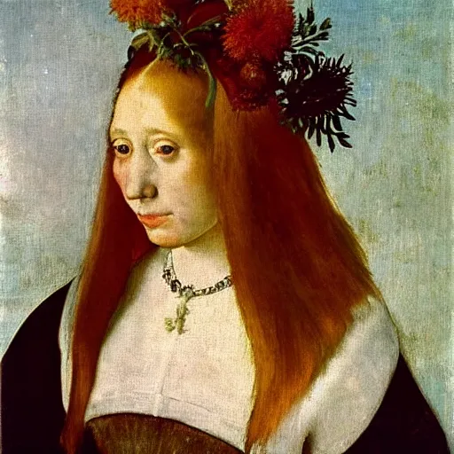 Prompt: “portrait of a redhair women with flowers over her head and a white dress, diego velazquez style, sharp focus, detailed”