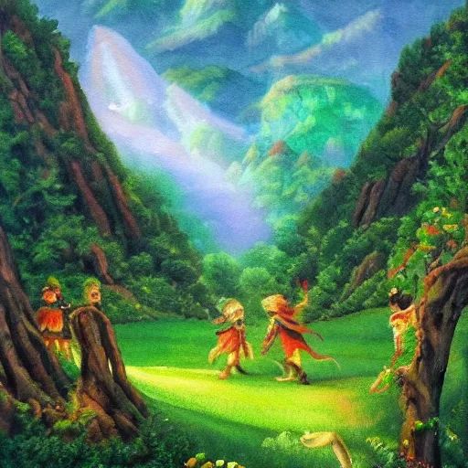 Image similar to a beautiful sun lite green valley with elves. painting.