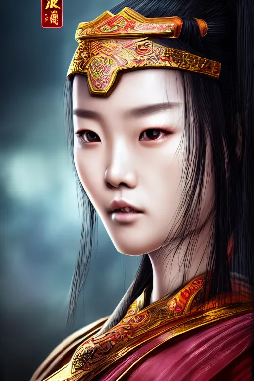 Prompt: a beautiful portrait of a wuxia heroine, vertical portrait, symmetrical face by tian zi on artstation. : 3, trending on dynasty warrior, dramatic lights, rim lights, blur, bokeh, dof : - 1