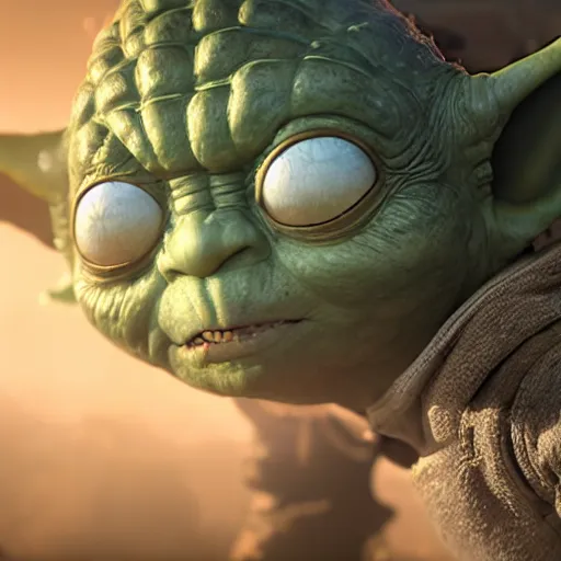 Image similar to yoda as pickle rick in gears of war, splash art, movie still, cinematic lighting, dramatic, octane render, long lens, shallow depth of field, bokeh, anamorphic lens flare, 8 k, hyper detailed, 3 5 mm film grain