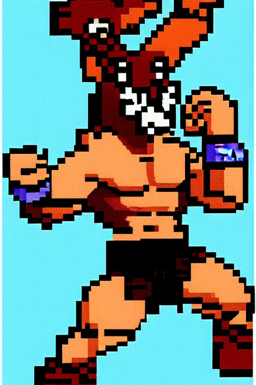 Prompt: extreme long shot. 8 bit nes graphics. antropomorphic muscular masculine wolf. kickboxer fighter, in shorts. wolf head. furr on body. art from nes game cartridge.