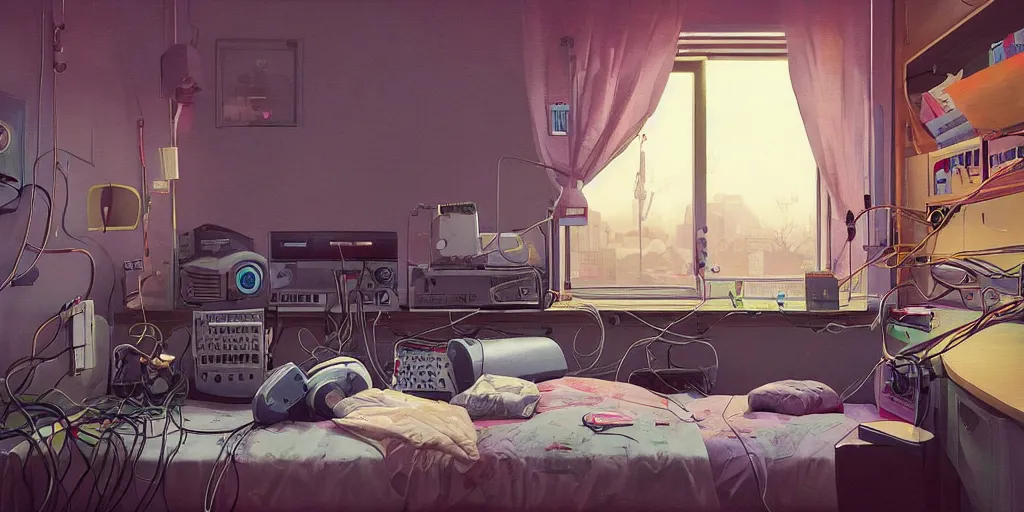 Prompt: cozy 9 0 s bedroom retrofuturism, cluttered, wires everywhere, computer, window, detailed by simon stalenhag