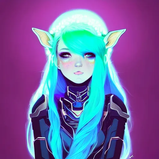 Image similar to art championship winner trending on artstation portrait of a goddess elven mecha warrior princess, head and shoulders, blue hair, matte print, pastel neon, cinematic highlights, lighting, digital art, cute freckles, digital painting, fan art, elegant, pixiv, by Ilya Kuvshinov, daily deviation, IAMAG, illustration collection aaaa updated watched premiere edition commission ✨✨✨ whilst watching fabulous artwork \ exactly your latest completed artwork discusses upon featured announces recommend achievement