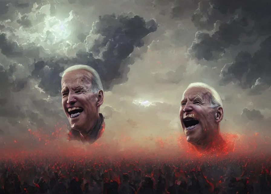 Image similar to large abstract painting of giant grinning evil dynamic low-opacity Joe Biden head emerging from cosmic clouds at giant immense crowd of person army, trending on ArtStation, masterpiece, by Greg Rutkowski, by Ross Tran, by Fenghua Zhong, octane, lightbeam eyes, soft render, clear facial features, oil on canvas,, moody lighting, lights beaming out of eyes, cinematic, professional environment concept art