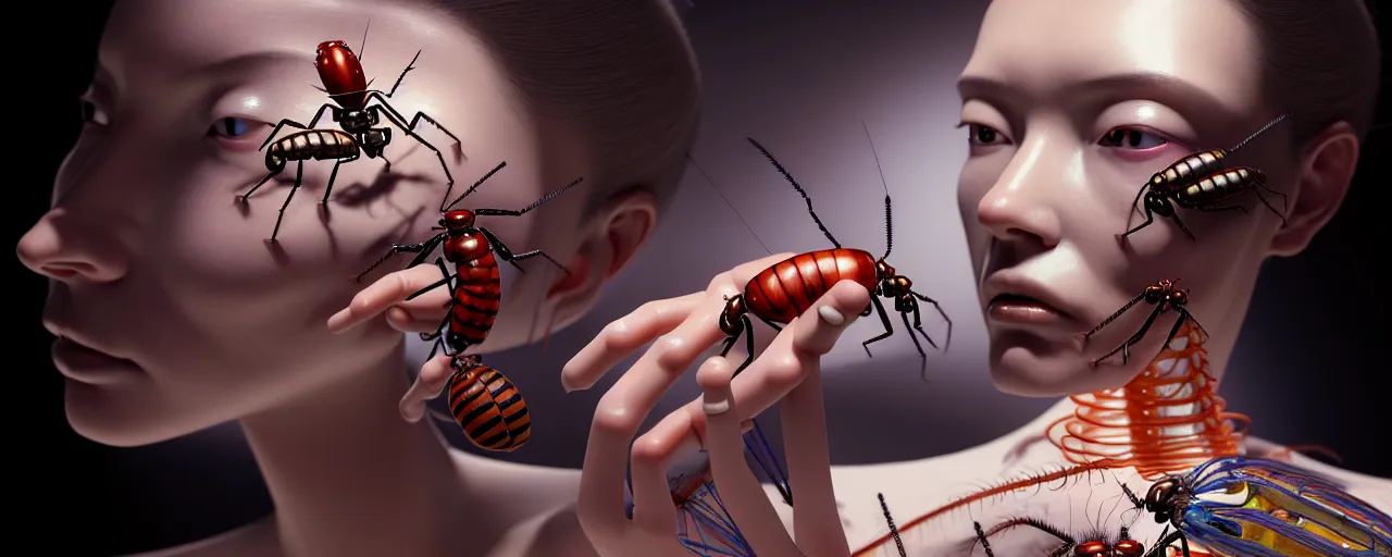 Image similar to hyperrealistic photography of a gorgeous female scientist constructing an insect - making machine in the style of jin kagetsu, james jean, chris cunningham, hans bellmer and wlop, highly detailed, face symmetry, masterpiece, award - winning, sharp focus, intricate concept art, ambient lighting, 8 k, artstation