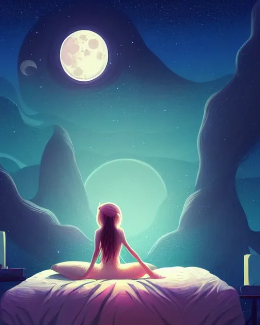 Image similar to beautiful painting of a elven sleeping on her bed with a smiling moon over her, art by mike winkelmann and by petros afshar, sky night, illustration, highly detailed, simple, smooth and clean vector curves, no jagged lines, vector art, smooth, artstation