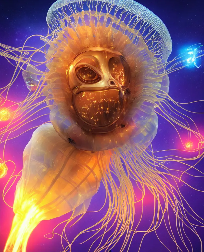 Image similar to close-up portrait of the face of a beautiful princess in a twisted flowers jellyfish mask in a spaceman suit surrounded by energy flow, epic angle and pose, symmetrical artwork, 3d with depth of field, blurred background, floating jellyfish skull phoenix bird, translucent, nautilus, energy flows of water and fire. a highly detailed epic cinematic concept art CG render. made in Maya, Blender and Photoshop, octane render, excellent composition, cinematic dystopian brutalist atmosphere, dynamic dramatic cinematic lighting, aesthetic, very inspirational, arthouse. y Greg Rutkowski, Ilya Kuvshinov, WLOP, Stanley Artgerm Lau, Ruan Jia and Fenghua Zhong