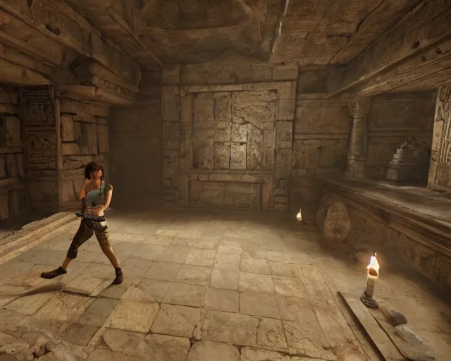 Image similar to screenshot of tomb raider and uncharted and indiana jones videogame ps 5 in an ancient undiscovered room with a chest full of ingots and gems and precious, concept art, architecture design, pyramids style, rtx, nvidia, renderer, stunning graphics